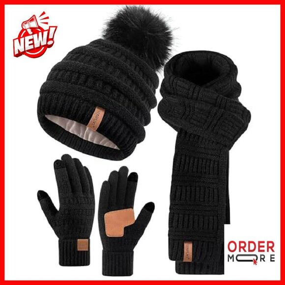 Fleece Lined Pom Pom Beanie Scarf Touchscreen Gloves Winter Set main image 6